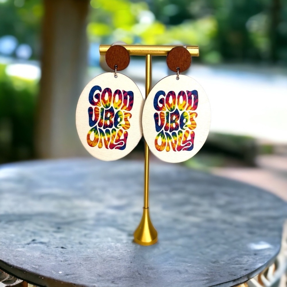 “Good Vibes Only” Rainbow Tie Dye Earrings - Brand New - Picture 3 of 6